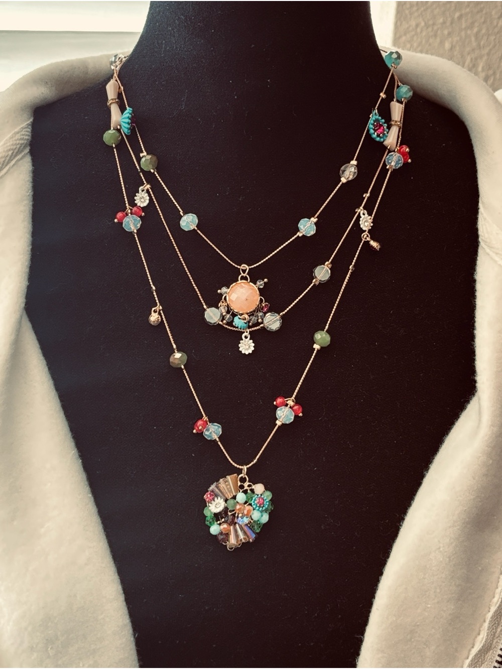 Gold-Tone Triple-Layer Multicolor Beaded Necklace